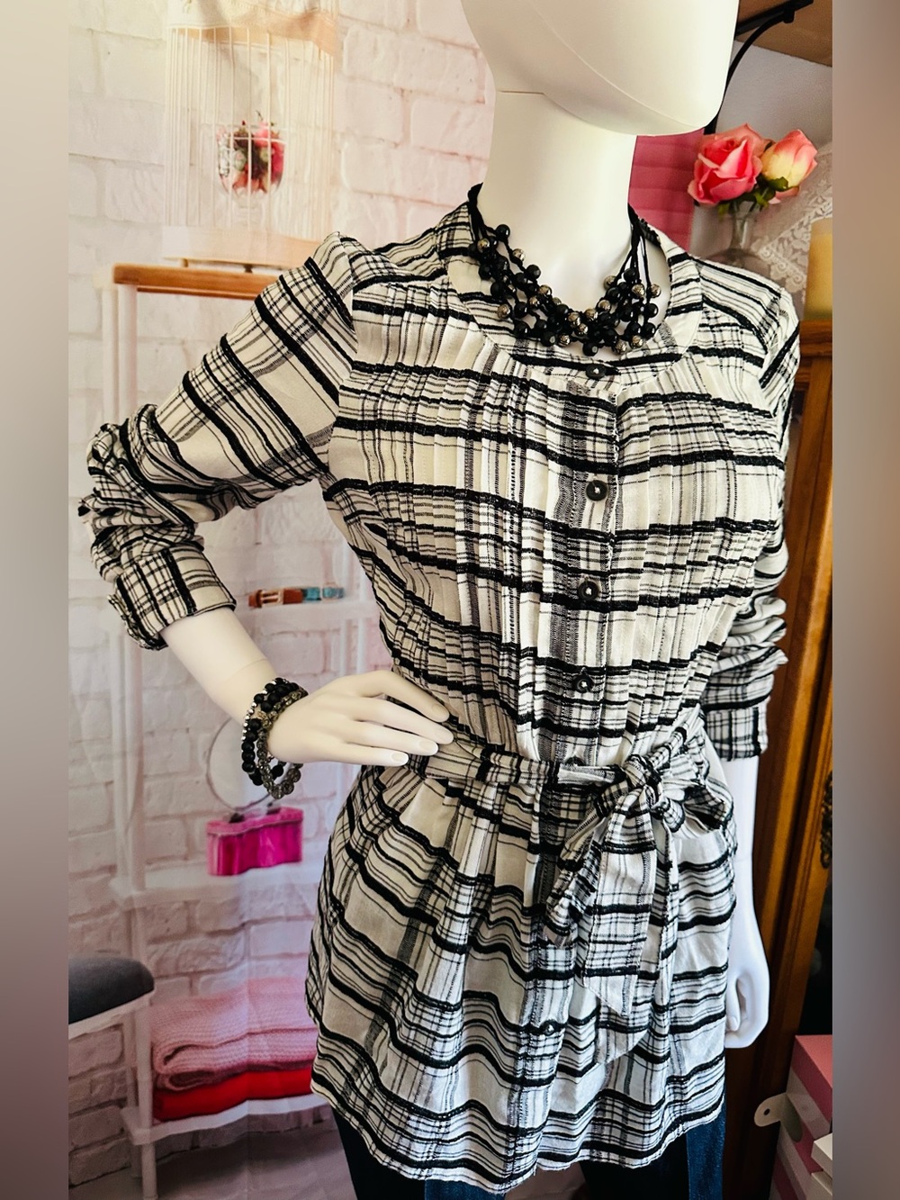 Anthropologie Black & White Plaid Belted Tunic - Picture 5 of 8